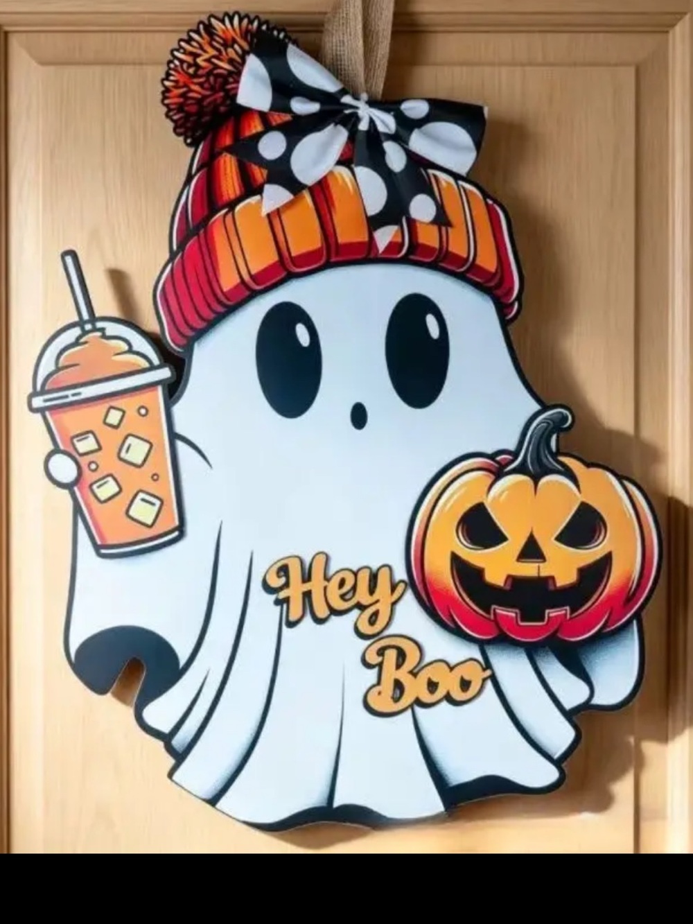 Hey Boo Ghost Door Hanger - Orange Pumpkin & Beanie Halloween Decor
